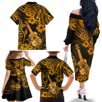 Hawaii Ukulele Family Matching Off Shoulder Long Sleeve Dress and Hawaiian Shirt Polynesian Pattern Gold Version LT01 - Polynesian Pride