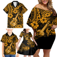 Hawaii Ukulele Family Matching Off Shoulder Short Dress and Hawaiian Shirt Polynesian Pattern Gold Version LT01 - Polynesian Pride