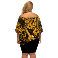 Hawaii Ukulele Off Shoulder Short Dress Polynesian Pattern Gold Version LT01 - Polynesian Pride