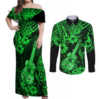 Hawaii Ukulele Couples Matching Off Shoulder Maxi Dress and Long Sleeve Button Shirts Polynesian Pattern Green Version LT01 Green - Polynesian Pride