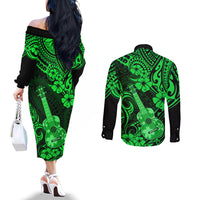 Hawaii Ukulele Couples Matching Off The Shoulder Long Sleeve Dress and Long Sleeve Button Shirts Polynesian Pattern Green Version LT01 - Polynesian Pride