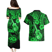 Hawaii Ukulele Couples Matching Puletasi Dress and Hawaiian Shirt Polynesian Pattern Green Version LT01 - Polynesian Pride