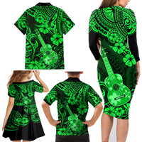 Hawaii Ukulele Family Matching Long Sleeve Bodycon Dress and Hawaiian Shirt Polynesian Pattern Green Version LT01 - Polynesian Pride