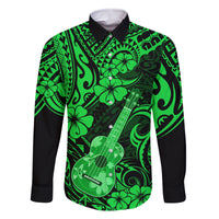 Hawaii Ukulele Family Matching Off Shoulder Short Dress and Hawaiian Shirt Polynesian Pattern Green Version LT01 Dad's Shirt - Long Sleeve Green - Polynesian Pride