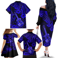 Hawaii Ukulele Family Matching Off Shoulder Long Sleeve Dress and Hawaiian Shirt Polynesian Pattern Navy Blue Version LT01 - Polynesian Pride