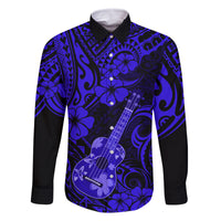 Hawaii Ukulele Family Matching Tank Maxi Dress and Hawaiian Shirt Polynesian Pattern Navy Blue Version LT01 Dad's Shirt - Long Sleeve Blue - Polynesian Pride