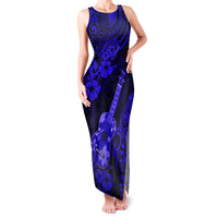 Hawaii Ukulele Family Matching Tank Maxi Dress and Hawaiian Shirt Polynesian Pattern Navy Blue Version LT01 Mom's Dress Blue - Polynesian Pride