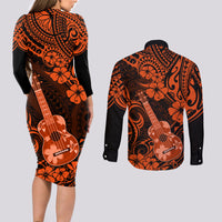 Hawaii Ukulele Couples Matching Long Sleeve Bodycon Dress and Long Sleeve Button Shirts Polynesian Pattern Orange Version LT01 - Polynesian Pride