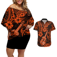 Hawaii Ukulele Couples Matching Off Shoulder Short Dress and Hawaiian Shirt Polynesian Pattern Orange Version LT01 Orange - Polynesian Pride