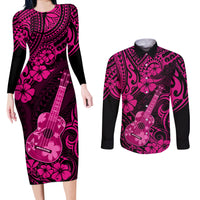 Hawaii Ukulele Couples Matching Long Sleeve Bodycon Dress and Long Sleeve Button Shirts Polynesian Pattern Pink Version LT01 Pink - Polynesian Pride