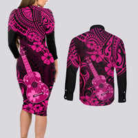 Hawaii Ukulele Couples Matching Long Sleeve Bodycon Dress and Long Sleeve Button Shirts Polynesian Pattern Pink Version LT01 - Polynesian Pride