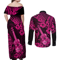 Hawaii Ukulele Couples Matching Off Shoulder Maxi Dress and Long Sleeve Button Shirts Polynesian Pattern Pink Version LT01 - Polynesian Pride