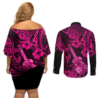 Hawaii Ukulele Couples Matching Off Shoulder Short Dress and Long Sleeve Button Shirts Polynesian Pattern Pink Version LT01 - Polynesian Pride
