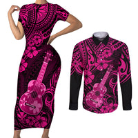Hawaii Ukulele Couples Matching Short Sleeve Bodycon Dress and Long Sleeve Button Shirts Polynesian Pattern Pink Version LT01 Pink - Polynesian Pride