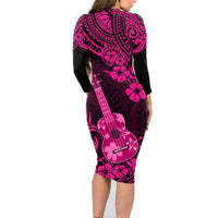 Hawaii Ukulele Family Matching Long Sleeve Bodycon Dress and Hawaiian Shirt Polynesian Pattern Pink Version LT01 - Polynesian Pride