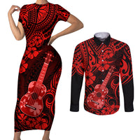 Hawaii Ukulele Couples Matching Short Sleeve Bodycon Dress and Long Sleeve Button Shirts Polynesian Pattern Red Version LT01 Red - Polynesian Pride