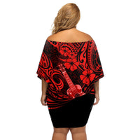 Hawaii Ukulele Off Shoulder Short Dress Polynesian Pattern Red Version LT01 - Polynesian Pride