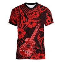 Hawaii Ukulele Women V Neck T Shirt Polynesian Pattern Red Version LT01 Female Red - Polynesian Pride