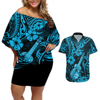 Hawaii Ukulele Couples Matching Off Shoulder Short Dress and Hawaiian Shirt Polynesian Pattern Sky Blue Version LT01 Blue - Polynesian Pride