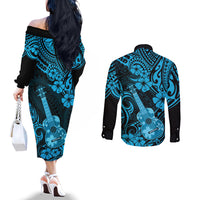 Hawaii Ukulele Couples Matching Off The Shoulder Long Sleeve Dress and Long Sleeve Button Shirts Polynesian Pattern Sky Blue Version LT01 - Polynesian Pride