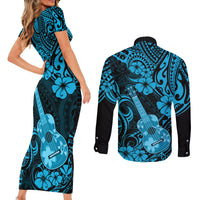 Hawaii Ukulele Couples Matching Short Sleeve Bodycon Dress and Long Sleeve Button Shirts Polynesian Pattern Sky Blue Version LT01 - Polynesian Pride