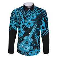 Hawaii Ukulele Family Matching Short Sleeve Bodycon Dress and Hawaiian Shirt Polynesian Pattern Sky Blue Version LT01 Dad's Shirt - Long Sleeve Blue - Polynesian Pride