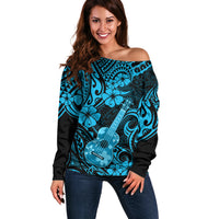 Hawaii Ukulele Off Shoulder Sweater Polynesian Pattern Sky Blue Version LT01 Women Blue - Polynesian Pride