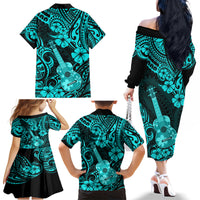 Hawaii Ukulele Family Matching Off Shoulder Long Sleeve Dress and Hawaiian Shirt Polynesian Pattern Turquoise Version LT01 - Polynesian Pride