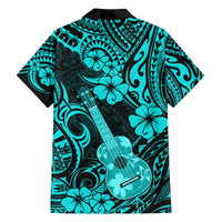 Hawaii Ukulele Family Matching Off Shoulder Short Dress and Hawaiian Shirt Polynesian Pattern Turquoise Version LT01 - Polynesian Pride