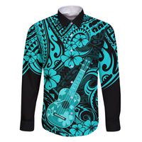 Hawaii Ukulele Family Matching Short Sleeve Bodycon Dress and Hawaiian Shirt Polynesian Pattern Turquoise Version LT01 Dad's Shirt - Long Sleeve Turquoise - Polynesian Pride