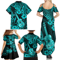 Hawaii Ukulele Family Matching Summer Maxi Dress and Hawaiian Shirt Polynesian Pattern Turquoise Version LT01 - Polynesian Pride