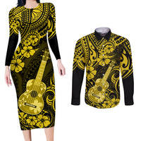Hawaii Ukulele Couples Matching Long Sleeve Bodycon Dress and Long Sleeve Button Shirts Polynesian Pattern Yellow Version LT01 Yellow - Polynesian Pride