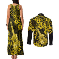 Hawaii Ukulele Couples Matching Tank Maxi Dress and Long Sleeve Button Shirts Polynesian Pattern Yellow Version LT01 - Polynesian Pride