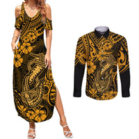 Hawaii Fish Hook Couples Matching Summer Maxi Dress and Long Sleeve Button Shirts Polynesian Pattern Gold Version LT01 Gold - Polynesian Pride