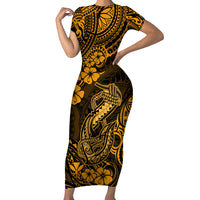 Hawaii Fish Hook Family Matching Short Sleeve Bodycon Dress and Hawaiian Shirt Polynesian Pattern Gold Version LT01 Mom's Dress Gold - Polynesian Pride