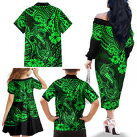 Hawaii Fish Hook Family Matching Off Shoulder Long Sleeve Dress and Hawaiian Shirt Polynesian Pattern Green Version LT01 - Polynesian Pride