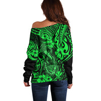 Hawaii Fish Hook Off Shoulder Sweater Polynesian Pattern Green Version LT01 - Polynesian Pride