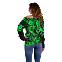 Hawaii Fish Hook Off Shoulder Sweater Polynesian Pattern Green Version LT01 - Polynesian Pride