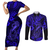 Hawaii Fish Hook Couples Matching Short Sleeve Bodycon Dress and Long Sleeve Button Shirts Polynesian Pattern Navy Blue Version LT01 Blue - Polynesian Pride