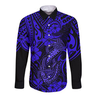 Hawaii Fish Hook Long Sleeve Button Shirt Polynesian Pattern Navy Blue Version LT01 Unisex Blue - Polynesian Pride