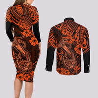 Hawaii Fish Hook Couples Matching Long Sleeve Bodycon Dress and Long Sleeve Button Shirts Polynesian Pattern Orange Version LT01 - Polynesian Pride