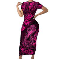 Hawaii Fish Hook Short Sleeve Bodycon Dress Hibiscus Hawaii Tribal Tattoo Pink Version LT01 Long Dress Pink - Polynesian Pride