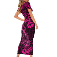 Hawaii Fish Hook Short Sleeve Bodycon Dress Hibiscus Hawaii Tribal Tattoo Pink Version LT01 - Polynesian Pride