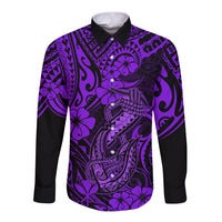 Hawaii Fish Hook Long Sleeve Button Shirt Hibiscus Hawaii Tribal Tattoo Purple Version LT01 Unisex Purple - Polynesian Pride