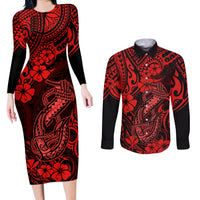 Hawaii Fish Hook Couples Matching Long Sleeve Bodycon Dress and Long Sleeve Button Shirts Hibiscus Hawaii Tribal Tattoo Red Version LT01 Red - Polynesian Pride