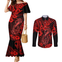 Hawaii Fish Hook Couples Matching Mermaid Dress and Long Sleeve Button Shirts Hibiscus Hawaii Tribal Tattoo Red Version LT01 Red - Polynesian Pride