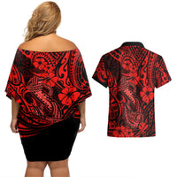 Hawaii Fish Hook Couples Matching Off Shoulder Short Dress and Hawaiian Shirt Hibiscus Hawaii Tribal Tattoo Red Version LT01 - Polynesian Pride