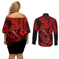 Hawaii Fish Hook Couples Matching Off Shoulder Short Dress and Long Sleeve Button Shirts Hibiscus Hawaii Tribal Tattoo Red Version LT01 - Polynesian Pride