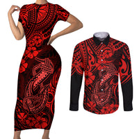 Hawaii Fish Hook Couples Matching Short Sleeve Bodycon Dress and Long Sleeve Button Shirts Hibiscus Hawaii Tribal Tattoo Red Version LT01 Red - Polynesian Pride