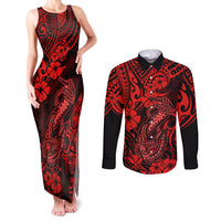 Hawaii Fish Hook Couples Matching Tank Maxi Dress and Long Sleeve Button Shirts Hibiscus Hawaii Tribal Tattoo Red Version LT01 Red - Polynesian Pride